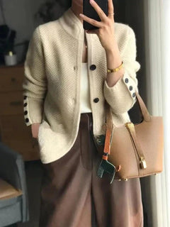 Women's Cashmere Cardigan | Button-Up Mock-Neck Textured-Knit Relaxed Fit for Autumn & Winter Wear & Smart Casual Wear in Beige