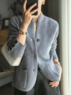 Women's Cashmere Cardigan | Button-Up Mock-Neck Textured-Knit Relaxed Fit for Autumn & Winter Wear & Smart Casual Wear in Blue