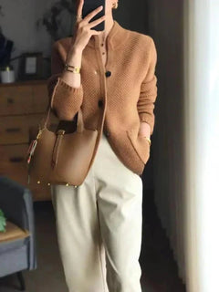 Women's Cashmere Cardigan | Button-Up Mock-Neck Textured-Knit Relaxed Fit for Autumn & Winter Wear & Smart Casual Wear in Brown