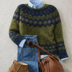 Women's Fair Isle Knit Jumper | Crew-Neck Ribbed-Cuff Relaxed Fit for Autumn & Winter Wear & Cold Weather Layering in Green