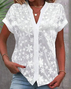 Women's Floral Blouse | V-Neck Button-Down Short-Sleeve Elegant Feminine Relaxed Fit for Everyday Wear & Office Wear in White