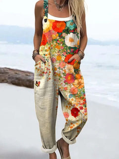Women's Floral Wide-Leg Jumpsuit | Adjustable-Strap Side-Pocket Dungaree-Cut Relaxed Fit for Summer Wear & Everyday Wear in Multicoloured