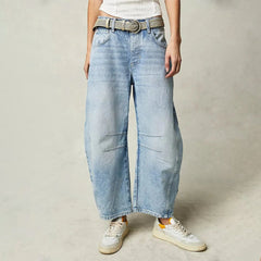 Women's High-Waist Fashion-Forward Barrel-Leg Denim Jeans | Relaxed Acid-Wash Fit for Everyday Wear & Smart Casual Wear in Light Blue