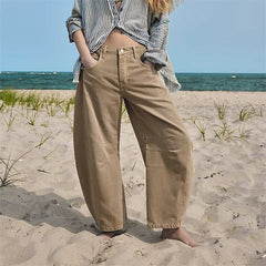 Women's High-Waist Fashion-Forward Barrel-Leg Denim Jeans | Relaxed Acid-Wash Fit for Everyday Wear & Smart Casual Wear in Beige