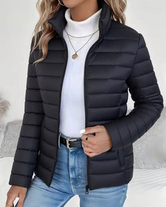 Women's Puffer Jacket | Stand-Collar Cropped Full-Zip Tailored Fit for Autumn & Winter Wear & Cold Weather Layering in Black