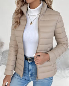 Women's Puffer Jacket | Stand-Collar Cropped Full-Zip Tailored Fit for Autumn & Winter Wear & Cold Weather Layering in Beige