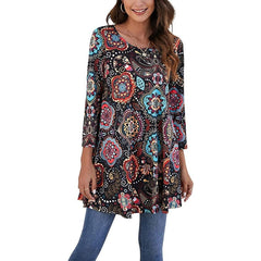 Women's Mandala Print Tunic Top | Three-Quarter-Sleeve Colourful Swing Relaxed Fit for Everyday Wear & Office Wear in A2