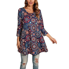 Women's Mandala Print Tunic Top | Three-Quarter-Sleeve Colourful Swing Relaxed Fit for Everyday Wear & Office Wear in 11