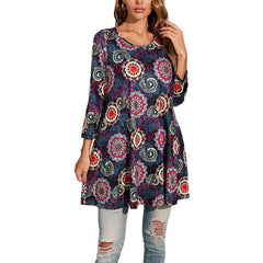 Women's Mandala Print Tunic Top | Three-Quarter-Sleeve Colourful Swing Relaxed Fit for Everyday Wear & Office Wear in Grey