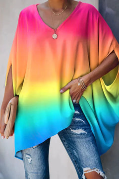 Women's Batwing Tunic Top | V-Neck Oversized-Sleeve Draped Elegant Relaxed Fit for Everyday Wear & Office Wear in Rainbow