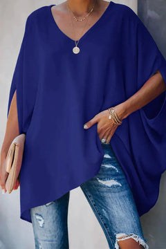 Women's Batwing Tunic Top | V-Neck Oversized-Sleeve Draped Elegant Relaxed Fit for Everyday Wear & Office Wear in Blue