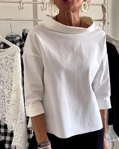 Women's Cowl-Neck Drop-Shoulder Casual Top | Three-Quarter Cuffed-Sleeve Relaxed Fit for Everyday Wear & Office Wear in White