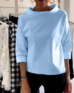 Women's Cowl-Neck Drop-Shoulder Casual Top | Three-Quarter Cuffed-Sleeve Relaxed Fit for Everyday Wear & Office Wear in Blue