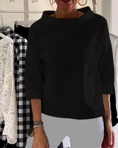 Women's Cowl-Neck Drop-Shoulder Casual Top | Three-Quarter Cuffed-Sleeve Relaxed Fit for Everyday Wear & Office Wear in Black
