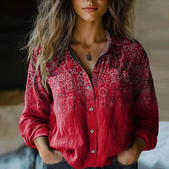 Women's Paisley Bandana-Print Bohemian Shirt | Long-Sleeve Button-Through Relaxed Fit for Everyday Wear & Holiday Wear in Red