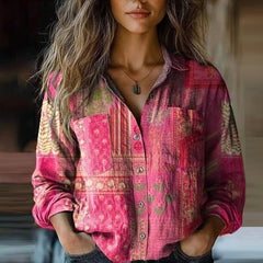 Women's Paisley Bandana-Print Bohemian Shirt | Long-Sleeve Button-Through Relaxed Fit for Everyday Wear & Holiday Wear in Pink