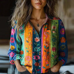 Women's Paisley Bandana-Print Bohemian Shirt | Long-Sleeve Button-Through Relaxed Fit for Everyday Wear & Holiday Wear in Multicolored