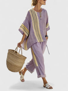Women's Linen Blend Co-Ord Two-Piece Set | Wide-Leg Oversized Relaxed Fit for Summer Wear, Holiday Wear & Everyday Wear in Purple