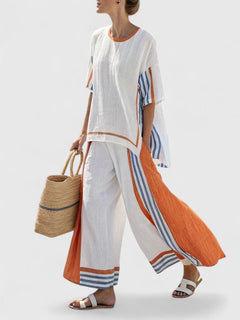 Women's Linen Blend Co-Ord Two-Piece Set | Wide-Leg Oversized Relaxed Fit for Summer Wear, Holiday Wear & Everyday Wear in Orange Stripe
