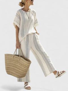 Women's Linen Blend Co-Ord Two-Piece Set | Wide-Leg Oversized Relaxed Fit for Summer Wear, Holiday Wear & Everyday Wear in Blue stripe