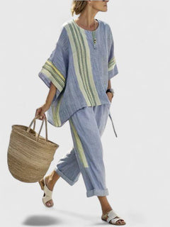 Women's Linen Blend Co-Ord Two-Piece Set | Wide-Leg Oversized Relaxed Fit for Summer Wear, Holiday Wear & Everyday Wear in Blue
