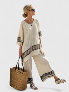 Women's Linen Blend Co-Ord Two-Piece Set | Wide-Leg Oversized Relaxed Fit for Summer Wear, Holiday Wear & Everyday Wear in Black Stripe