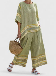 Women's Linen Blend Co-Ord Two-Piece Set | Wide-Leg Oversized Relaxed Fit for Summer Wear, Holiday Wear & Everyday Wear in Green