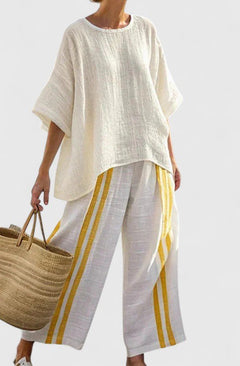 Women's Linen Blend Co-Ord Two-Piece Set | Wide-Leg Oversized Relaxed Fit for Summer Wear, Holiday Wear & Everyday Wear in Yellow Stripe