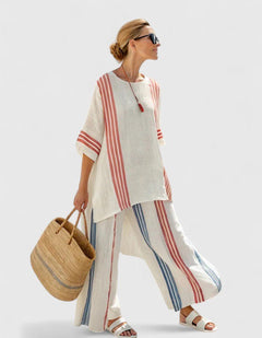 Women's Linen Blend Co-Ord Two-Piece Set | Wide-Leg Oversized Relaxed Fit for Summer Wear, Holiday Wear & Everyday Wear in Red Stripe