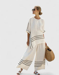 Women's Linen Blend Co-Ord Two-Piece Set | Wide-Leg Oversized Relaxed Fit for Summer Wear, Holiday Wear & Everyday Wear in White