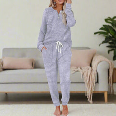 Women's Ribbed Loungewear Co-Ord Set | Long-Sleeve Drawstring Relaxed Fit for Everyday Wear & Cold Weather Layering in Purple