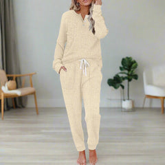 Women's Ribbed Loungewear Co-Ord Set | Long-Sleeve Drawstring Relaxed Fit for Everyday Wear & Cold Weather Layering in Off-White
