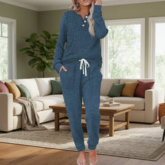 Women's Ribbed Loungewear Co-Ord Set | Long-Sleeve Drawstring Relaxed Fit for Everyday Wear & Cold Weather Layering in Navy Blue