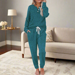 Women's Ribbed Loungewear Co-Ord Set | Long-Sleeve Drawstring Relaxed Fit for Everyday Wear & Cold Weather Layering in Turqoise