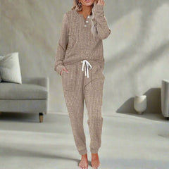 Women's Ribbed Loungewear Co-Ord Set | Long-Sleeve Drawstring Relaxed Fit for Everyday Wear & Cold Weather Layering in Khaki