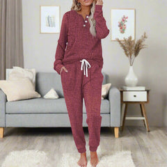 Women's Ribbed Loungewear Co-Ord Set | Long-Sleeve Drawstring Relaxed Fit for Everyday Wear & Cold Weather Layering in Burgundy Red