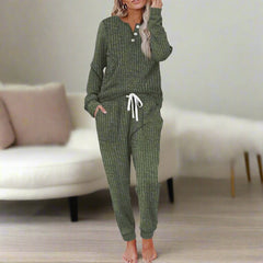 Women's Ribbed Loungewear Co-Ord Set | Long-Sleeve Drawstring Relaxed Fit for Everyday Wear & Cold Weather Layering in Leaf Green