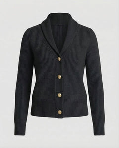 Women's Ribbed Knit Cardigan | Lapel-Collar Button-Front Long-Sleeve Regular Fit for Office Wear & Smart Casual Wear in Black