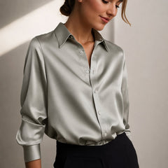 Women's Satin Blouse | Pointed-Collar Button-Down Tailored Fit for Office Wear, Smart Casual Wear & Evening Wear in Green