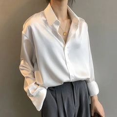 Women's Satin Blouse | Pointed-Collar Button-Down Tailored Fit for Office Wear, Smart Casual Wear & Evening Wear in White