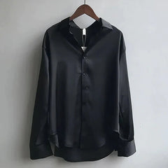 Women's Satin Blouse | Pointed-Collar Button-Down Tailored Fit for Office Wear, Smart Casual Wear & Evening Wear in Black
