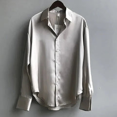 Women's Satin Blouse | Pointed-Collar Button-Down Tailored Fit for Office Wear, Smart Casual Wear & Evening Wear in Gray