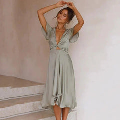 Women's Elegant Satin Midi Dress | Flutter-Sleeve Tie-Front Flowing Fit for Evening Wear & Special Occasion Wear in Olive