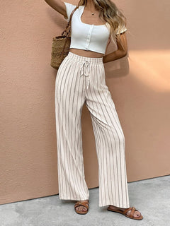Women's Wide-Leg Trousers | Drawstring-Waist Pinstripe Everyday Flowing Fit for Everyday Wear & Smart Casual Wear in Apricot