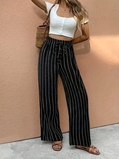 Women's Wide-Leg Trousers | Drawstring-Waist Pinstripe Everyday Flowing Fit for Everyday Wear & Smart Casual Wear in Black
