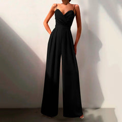 Women's Wide-Leg Jumpsuit | Sweetheart-Neckline Ruched-Bodice Flowing Fit for Evening Wear & Special Occasion Wear in Black