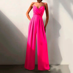 Women's Wide-Leg Jumpsuit | Sweetheart-Neckline Ruched-Bodice Flowing Fit for Evening Wear & Special Occasion Wear in Pink