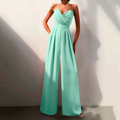 Women's Wide-Leg Jumpsuit | Sweetheart-Neckline Ruched-Bodice Flowing Fit for Evening Wear & Special Occasion Wear in Green