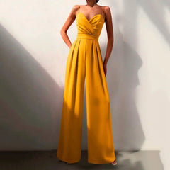 Women's Wide-Leg Jumpsuit | Sweetheart-Neckline Ruched-Bodice Flowing Fit for Evening Wear & Special Occasion Wear in Yellow