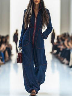Women's Denim Jumpsuit | Wide-Leg Front-Zip Contrast-Stitch Fitted-Bodice Slim Fit for Everyday Wear & Smart Casual Wear in Dark Blue
